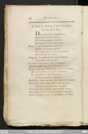 Fable Dix-Septieme. Le Lion & le Singe.
