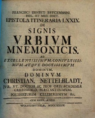 De Signis Urbium Mnemonicis : Ad Excellentissimum, Consultissimum Atque Doctissimum Dominum, Dominum Christian. Nettelbladt, Jur. Ut. Doctor Ac Prof. Ord. Academiae Grieffswald. Praestantissimum ...