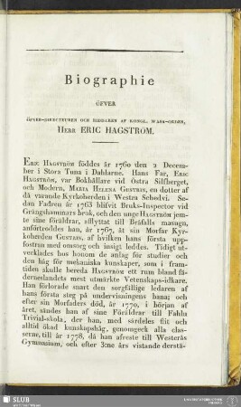 Biographie öfver Öfver-Directeuren och Riddaren af Kongl. Wasa-Orden, Herr Eric Hagström