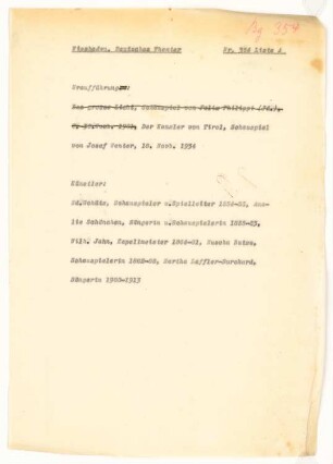 Königliches Hoftheater, Wiesbaden: Schriftstück zum Fragebogen für das Handbuch »Das Deutsche Theater«