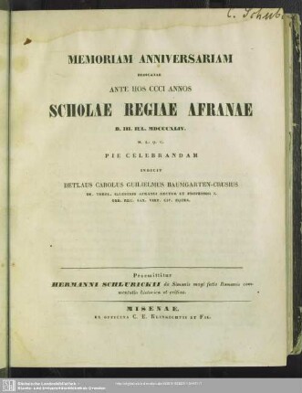 1844: Memoriam anniversariam dedicatae ante hos ... annos Scholae Regiae Afranae ... pie celebrandam indicit