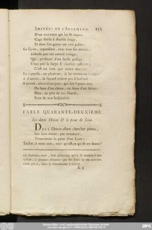 Fable Quarante-Deuxieme. Les deux Chiens & la peau de Lion.