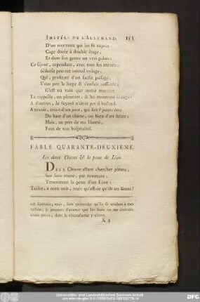 Fable Quarante-Deuxieme. Les deux Chiens & la peau de Lion.