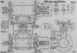 Dampfmaschinenzylinder mit Flachschiebersteuerung, Schnitt : Technikgeschichte | Maschinenbau | Kraftmaschinen | Dampfmaschinen