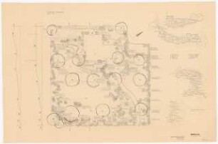 Garten Rahmann, Taunus: Lageplan mit Staudenpflanzplänen für Teilbereiche 1:100, 1:50