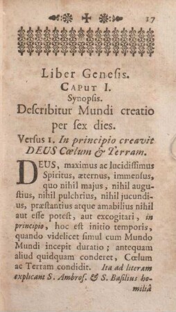 Liber Genesis. Caput I. Synopsis. Describitur Mundi creatio per sex dies.