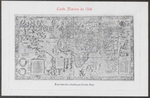 Carta Marina Navigatoria Portvgallen Navigationes Atqve Tocivs Cogniti Orbis Terre Marisqve Formam Naturamque Sitvs Et Terminos Nostris Temporibvs Recognitos Et Ab Antiqvorvm Traditione Differente. Eciam Qvor. [um] Vetvsti Non Meminervnt Avtores, Hec Generaliter Indicat : Cvm Gratia Et Privilegio Imperiali Ad Qvatvor Annos ; [gewidmet:] Hvgonis De Hassardis