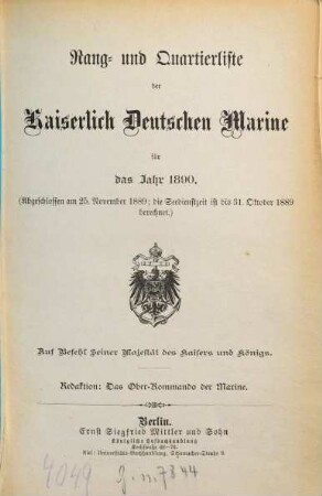 Rang- und Quartierliste der Kaiserlich-Deutschen Marine, 1890
