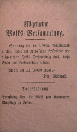 Allgemeine Volks-Versammlung. Fulda, am 11. Januar 1850.