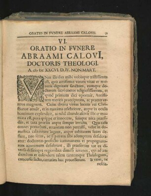 VI. Oratio In Funere Abraami Calovi ...
