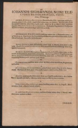Johannis-Sigismundi, Noni Electoris Brandenburgici Posteritas, e Coniuge