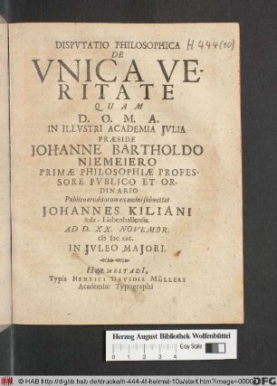 Disputatio Philosophica De Unica Veritate