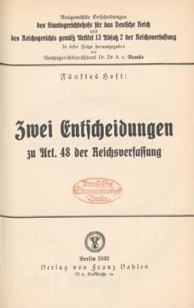 Zwei Entscheidungen zu Art. 48 der Reichsverfassung