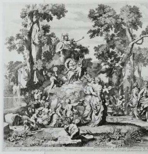 Apollo und Minerva auf dem Parnaß : Berge, Pieter van den, nach Lairesse, Gerard de: Apollo und Minerva auf dem Parnaß (linker Teil). 1834. Kupferstich; Gesamtmaß 568 x 940 mm. Dresden: Kupferstich-Kabinett A 37719 in A 1200,4