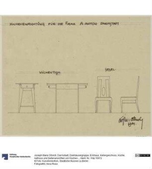 Darmstadt, Dreihäusergruppe, Eckhaus, Kellergeschoss, Küche, Aufrisse und Seitenansichten von Küchentisch und Stuhl