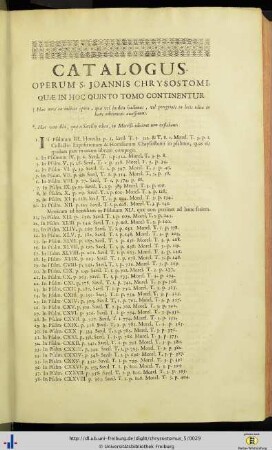 Catalogus operum S. Joannis Chrysostomi quae in quinto tomo continentur.
