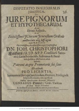 Disputatio Inauguralis Iuridica, De Iure Pignorum Et Hypothecarum