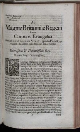 Ad Magnæ Britanniæ Regem Literæ Corporis Evangelici, Notissimam Clausulam Articulo Quarto Pacis Ryswicensis Religionis causa adiectam concernentes : Dictatum Ratisbonæ die 15. Junii 1736. per Saxon.