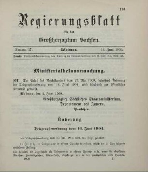 Nr. 61: Ministerialbekanntmachung, betreffend Änderung der Telegraphenordnung vom 16. Juni 1904