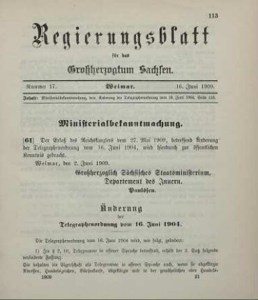 Nr. 61: Ministerialbekanntmachung, betreffend Änderung der Telegraphenordnung vom 16. Juni 1904