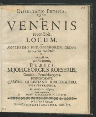 Dissertatio Physica, Quam De Venenis recensebit