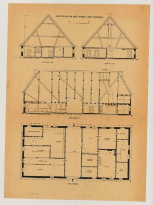Neukarin (Kreis Wismar): Hof Techel. Haupthaus (Grundriss, Schnitte)