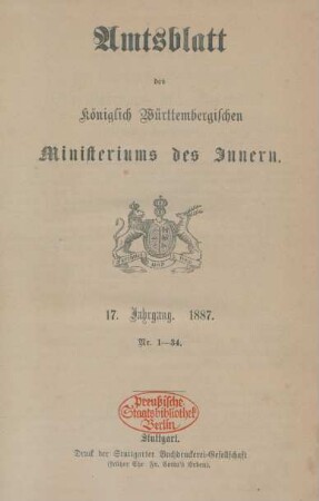 17.1887: Amtsblatt des Württembergischen Ministeriums des Innern