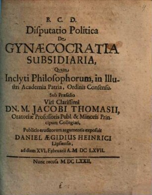Disp. polit. de gynaecocratia subsidiaria