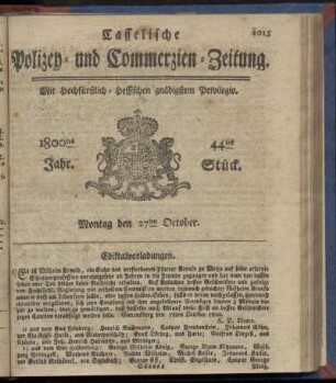 44tes Stueck, Montag den 27ten October 1800