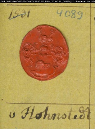 Siegler: Hohnstedt Überlieferungsart: Stoff: Lack Farbe: rot Form: oval. Durchmesser: 21 mm Art: Typ: Umschrift: