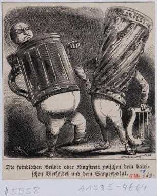 Karikatur zum Ersten Deutschen Sängerbundfest in Dresden 1865: "Die feindlichen Brüder oder Ringstreit zwischen dem bairischen Bierseidel und dem Sängerpokal."