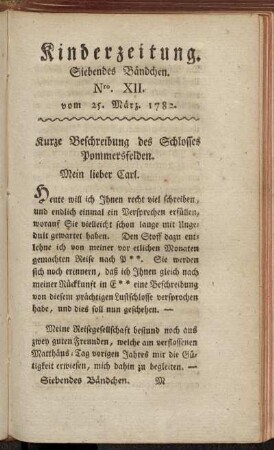 Kinderzeitung. Siebendes Bändchen. Nro. XII. vom 25. März. 1782