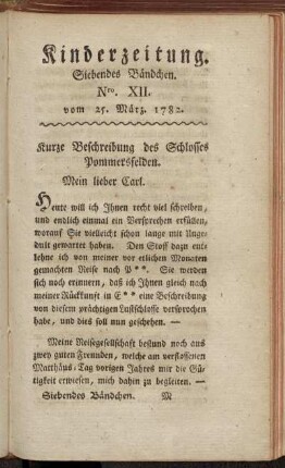 Kinderzeitung. Siebendes Bändchen. Nro. XII. vom 25. März. 1782