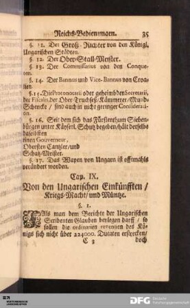 Cap. IX. Von den Ungarischen Einkuenfften, Kriegs-Macht, und Muentze