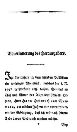 Vorerinnerung des Herausgebers.