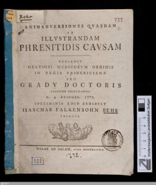 Animadversiones Qvasdam Ad Illvstrandam Phrenitidis Cavsam