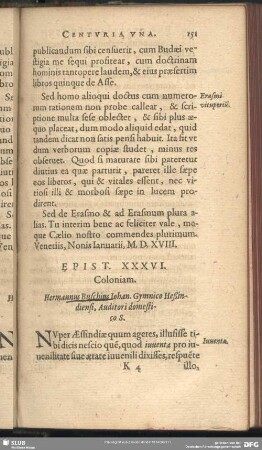 Epist. XXXVI. Coloniam. Hermannus Buschius Johan. Gymnico Heßindiensi, Auditori domestico S.