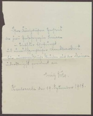 Schreiben von Emilie Göler an die Großherzogin Luise; Dank für die gemeinsamen Stunden auf der Insel Mainau
