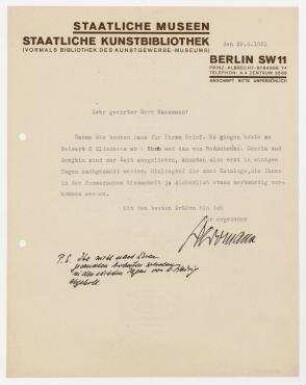 Brief Staatliche Kunstbibliothek / Wolfgang Herrmann an Raoul Hausmann. Berlin