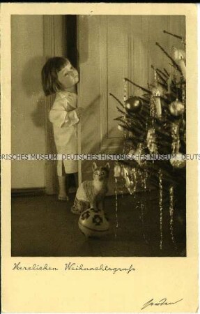 Weihnachtspostkarte, Kind am Weihnachtsbau