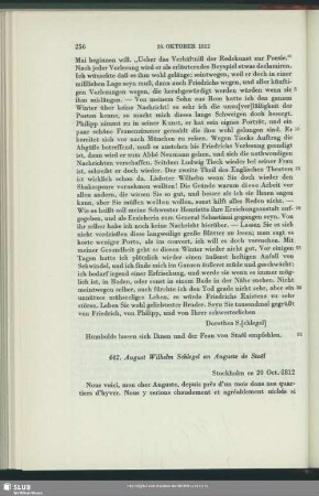 August Wilhelm von Schlegel an Auguste Louis de Staël-Holstein, Stockholm, 20.10.1812