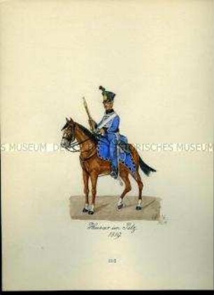Uniformdarstellung, Husar im Pelz zu Pferd, 1819. Aus: Sammelmappe "Sachsens Militär", Königliche Arsenalsammlung.