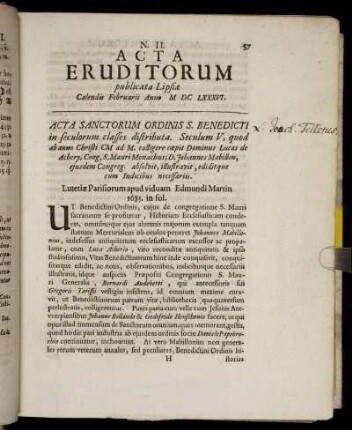 N. II. [...] Calendis Februarii Anno M DC LXXXVI.