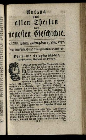 XXXIII. Stück, Coburg, den 13. Aug. 1757.