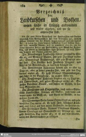 Verzeichniß der Landkutscher und Bothen