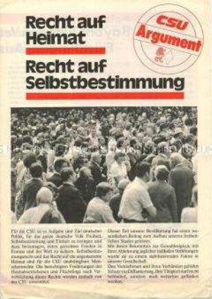 Mitteilungsblatt der CSU aus der Reihe "Argumente" über die Aufnahme von Flüchtlingen und Aussiedlern in Bayern