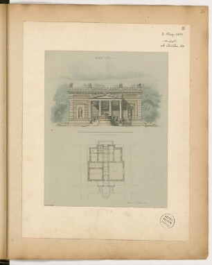 Maleratelier Monatskonkurrenz März 1874: Grundriss Erdgeschoss, Aufriss Gartenansicht; 2 Maßstabsleisten