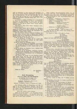 Zweite Versammlung zugleich 36. Jahres-Generalversammlung am Samstag, den 18. Januar 1879