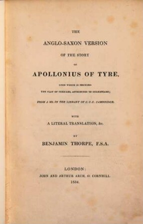 The Anglo-Saxon Version of the story of Apollonius of Tyre