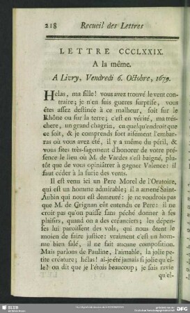 Lettre CCCLXXIX. A la même. A Livry, Vendredi 6. Octobre, 1679